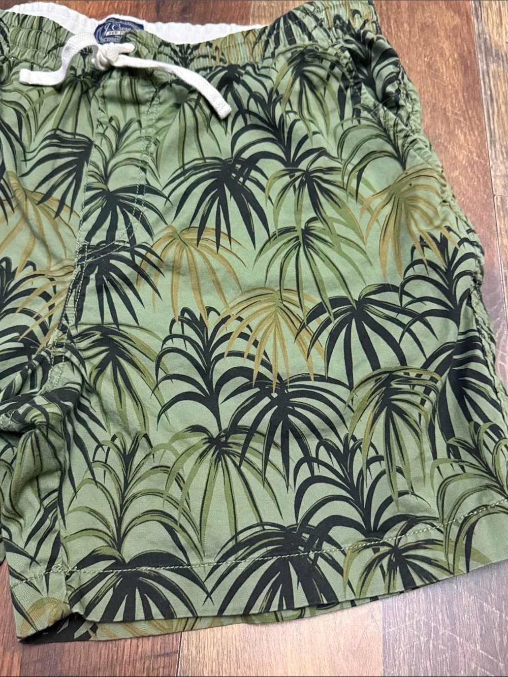 J.Crew Factory Palm Print Pull-On Shorts Large Olive Green Stretch Cotton